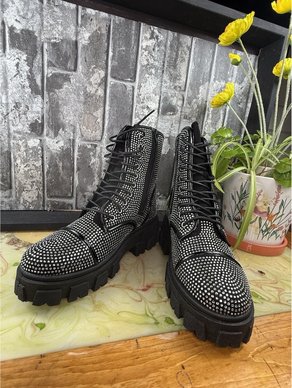 True Religion GEE Studded Combat Ankle Boots Lace-Up Zip Platform Logo 7 - Picture 11 of 15